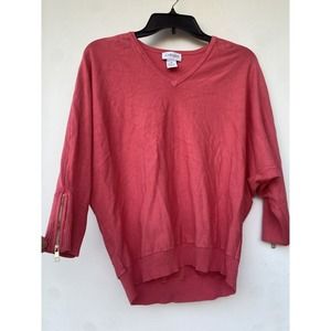 Carmen Marc Valvo Top Sweater Longsleeve Red V Neck Size Medium Zipper Sleeve